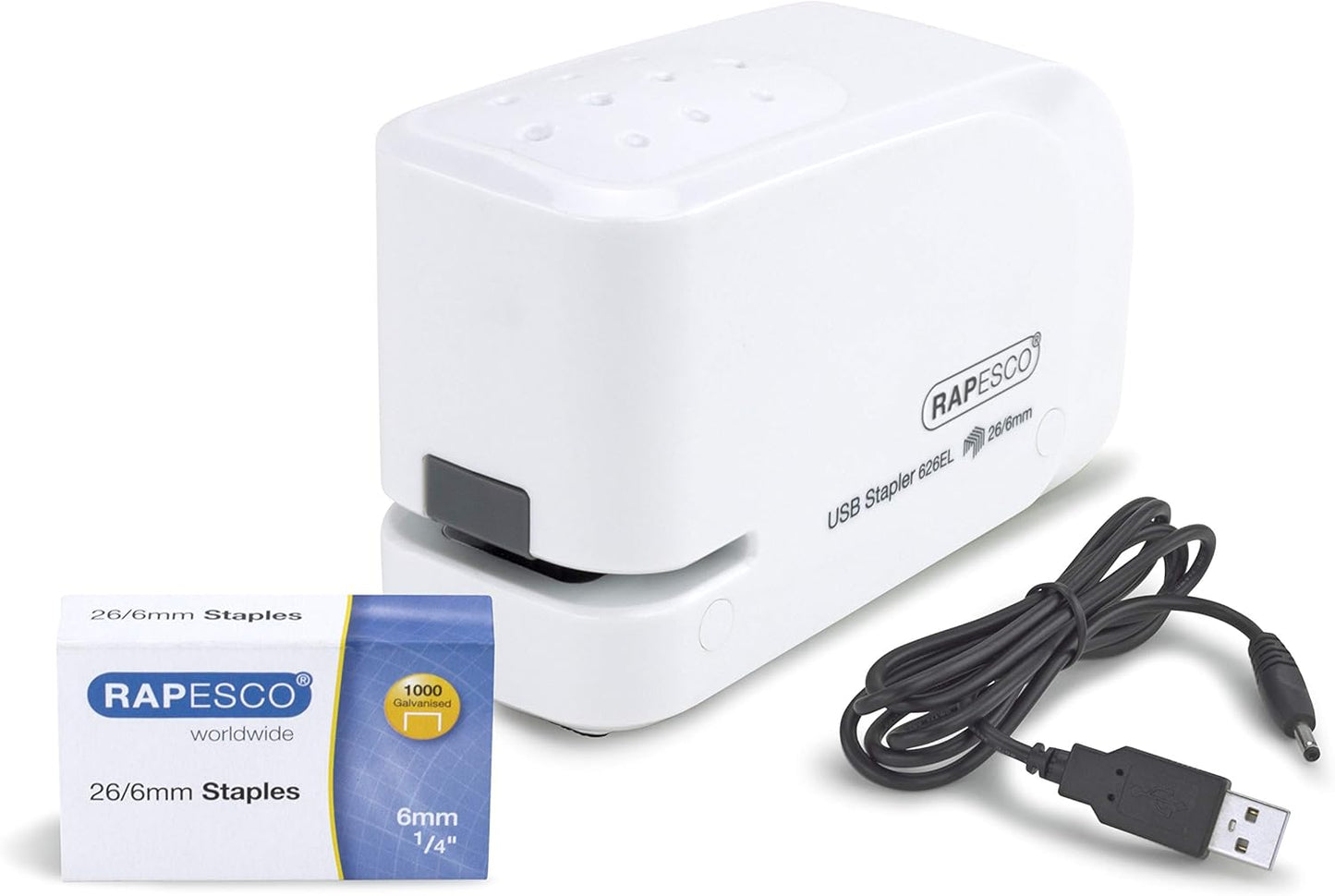 Rapesco 1453 626EL Automatic USB/Battery Stapler with 1000 26/6mm Staples, 15 Sheet Capacity, White