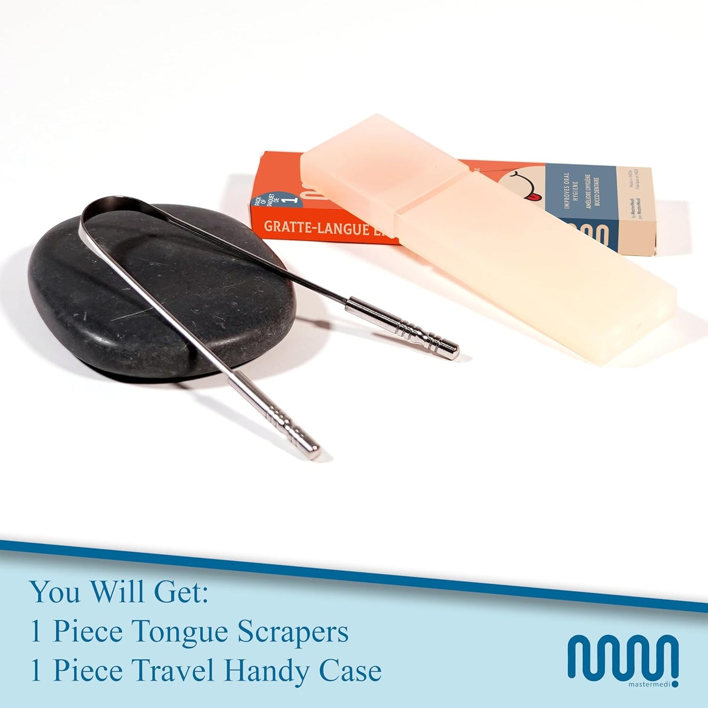 MasterMedi Tongue Scraper with Travel Case 1 Pack, Bad Breath Treatment Tongue Scraper for Adults & Kids, Stainless Steel Metal Tongue Scraper, Easy to Use Tongue Cleaner for Hygiene and Self Care