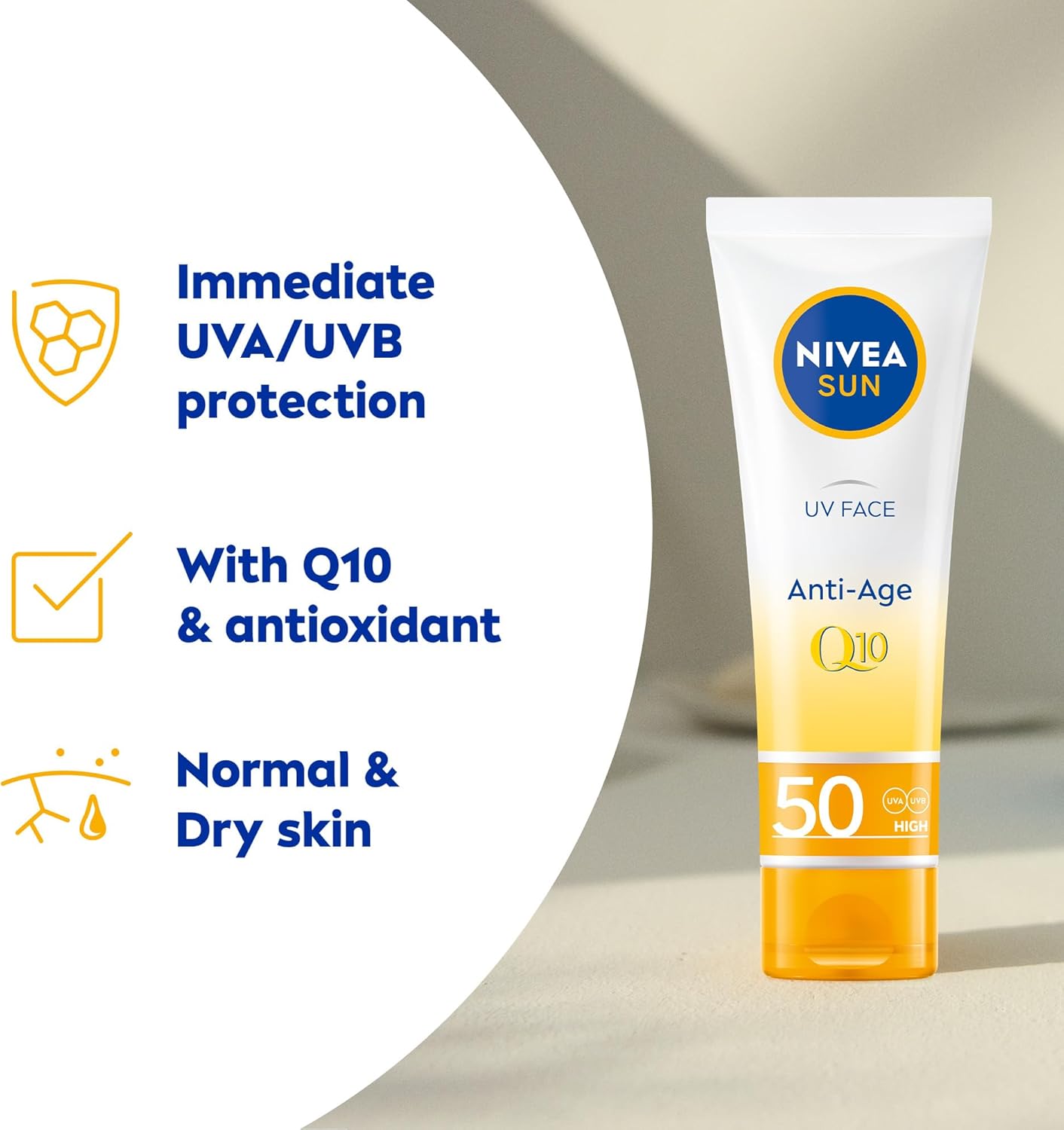 NIVEA UV Face SPF50 Q10 Anti-Age & Anti-Pigment 0% White Residue (50ml), Q10 Face Sun Cream, Anti-Ageing Cream Protects Against UVA/UVB Rays & Premature Skin Ageing