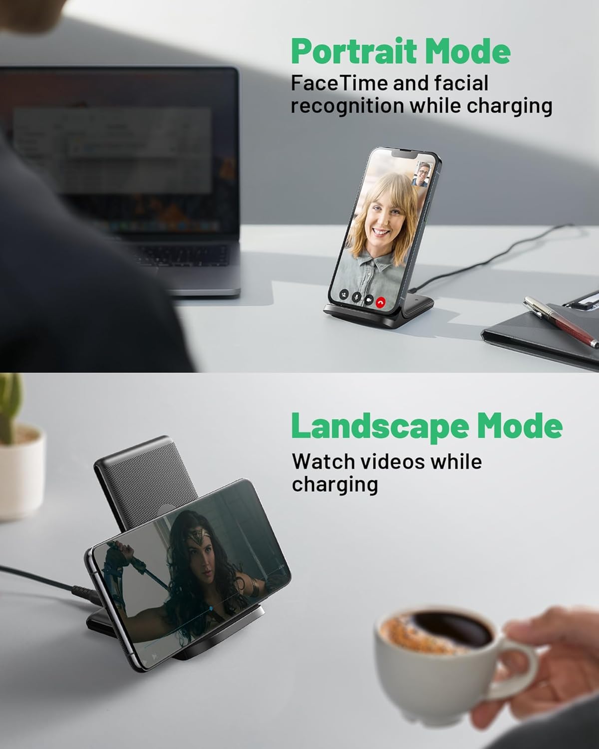 INIU Wireless Charger Stand, 15W Qi Fast Charging Dock Phone Charger, Adaptive LED Wireless Charging Station for iPhone 16 15 14 13 12 11 9 8 XR, Samsung S22 S21 S10 S9, LG V40 G8, Pixel 8 7 6 etc.
