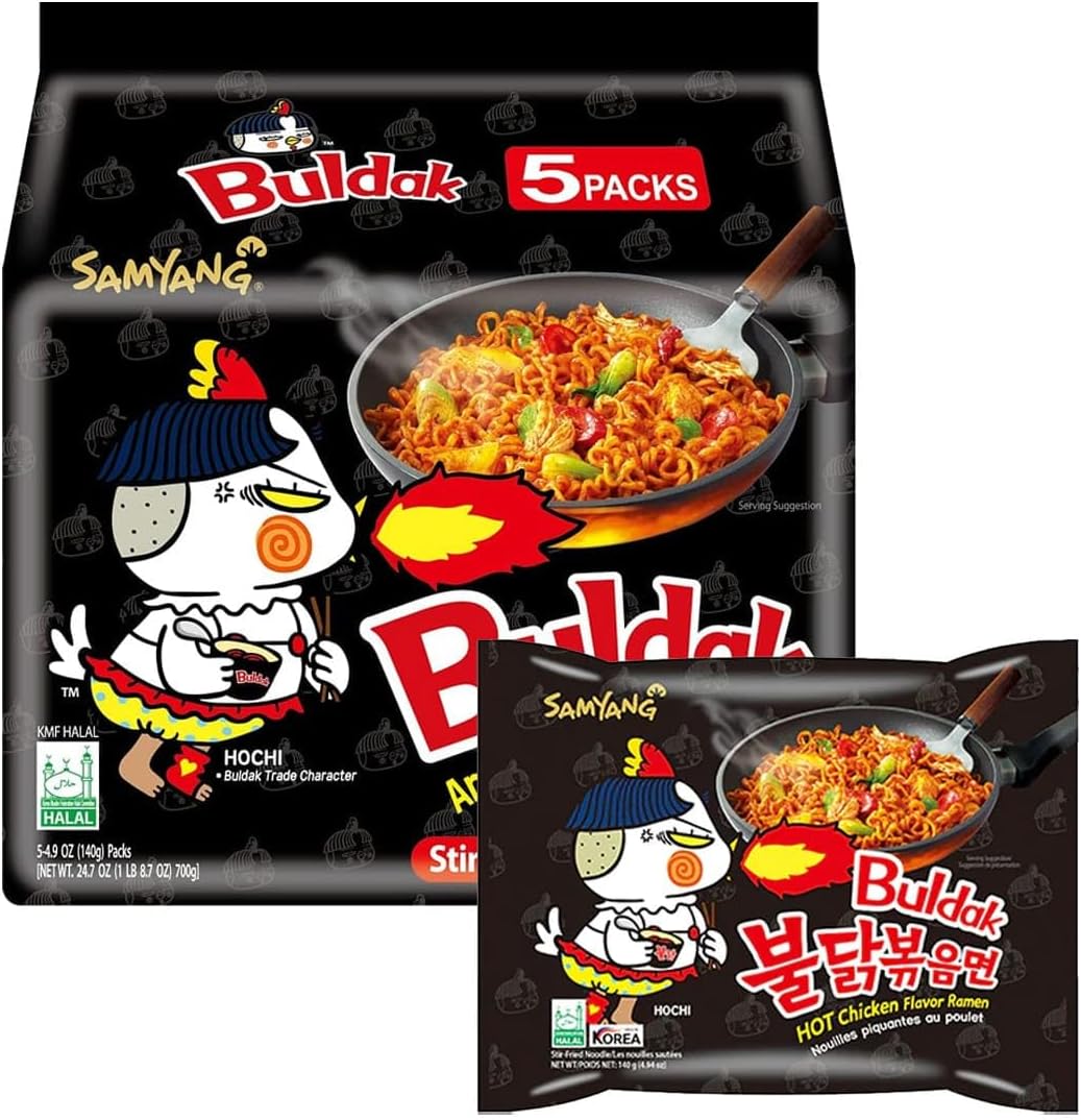 CNMART Korean SY Black Dried Hot Chicken Noodle Buldak Ramen Bag Noodles, 140g (Pack of 5)
