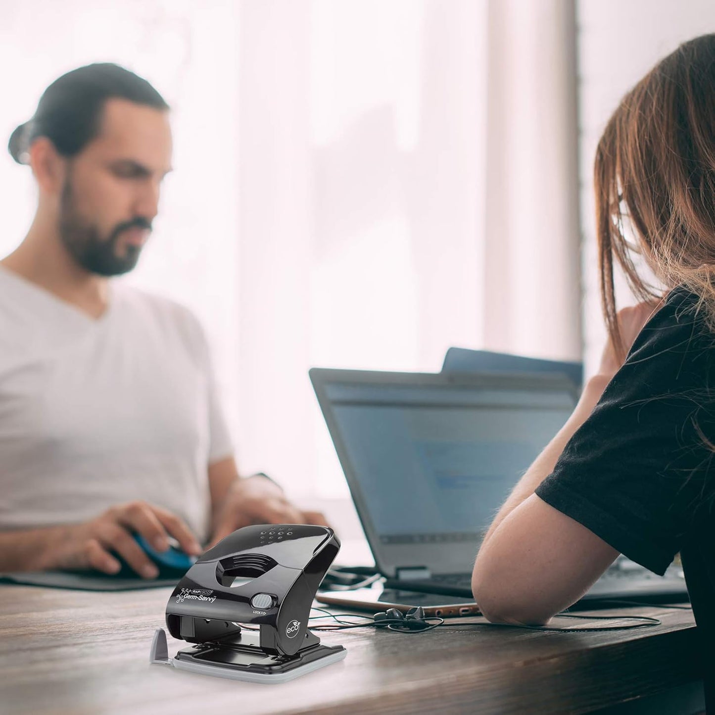 Rapesco 1623 Germ-Savvy Antibacterial, ECO Luna Less Effort Stapler & ECO X5-40ps Less Effort Hole Punch Set, Black