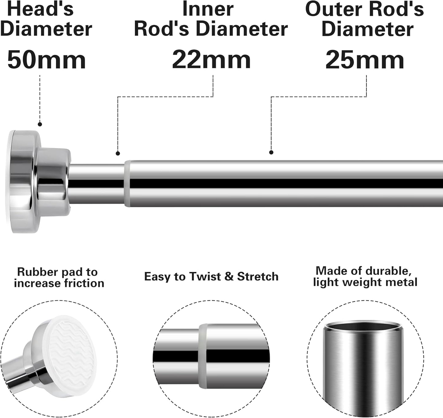 Stainless Steel Extendable Shower Curtain Rod Tension Pole, including 2 Holder,Net Voile Curtains Rail,Adjustable Telescopic Rods Extendable for Kitchen Cupboard Bathroom Window(130cm-193cm)