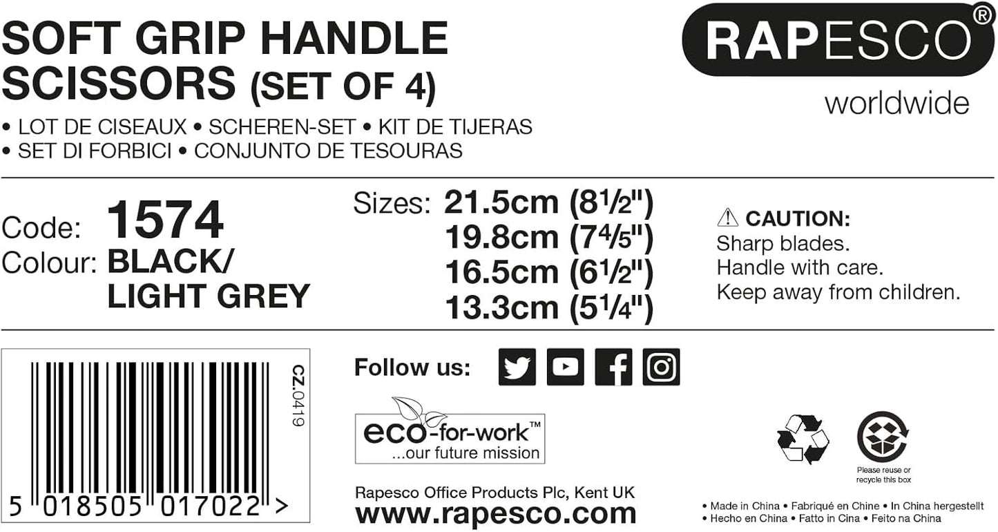 Rapesco 1574 Soft Grip Handle Scissors, Black/Light Grey, Set of 4