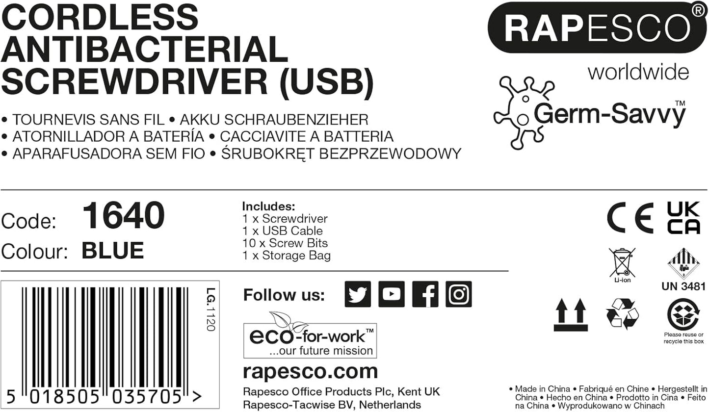 Rapesco 1640 Germ-Savvy Antibacterial, Cordless Screwdriver 3.6V, Blue