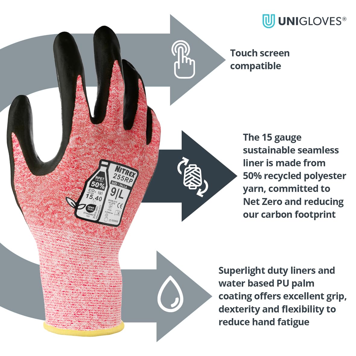 NITREX 255RP Work and Safety Gloves - 5 Pairs - General Handling Gloves - Abrasions and Tearing Protection - Water Based PU Palm Coated – Touchscreen - Mechanical and Industrial Protection - Size 6