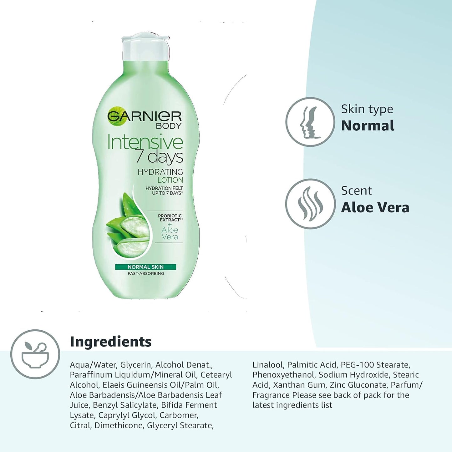 Garnier Intensive 7 Days Aloe Vera Probiotic Extract Body Lotion Normal Skin, Fast Absorbing Non-Greasy Non-Sticky Nourishing Body Moisturiser 400 ml (Packing May Vary)