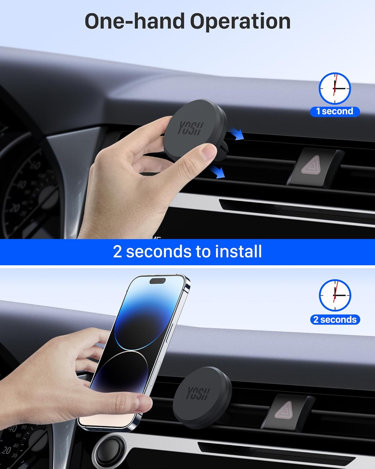 YOSH Car Phone Holder, Magnetic Phone Holder with Strong Upgraded Magnets, Super Stable Air Vent Cradle Compatible with iPhone & Samsung Includes Metal Plates, Car Accessories