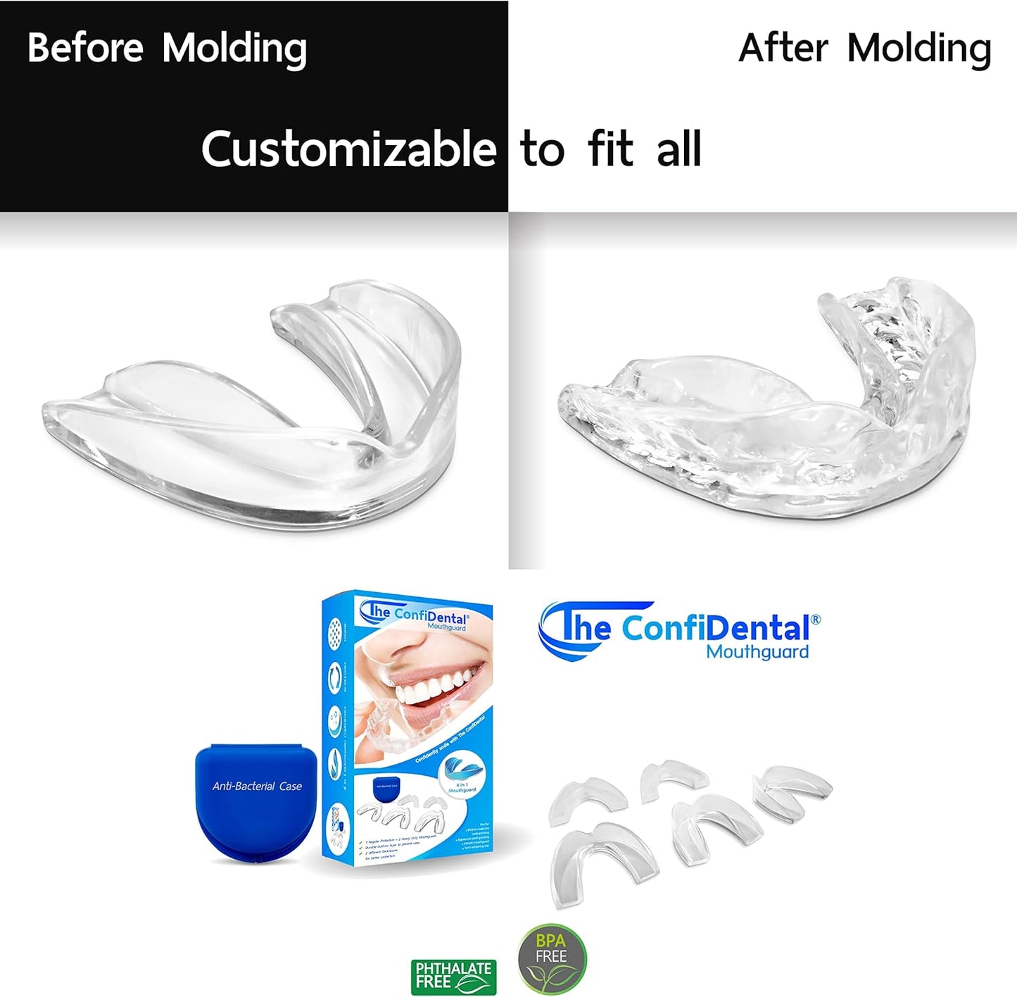The Confidental - Pack Of 5 Moldable Mouth Guard For Teeth Grinding Clenching Bruxism, Sport Athletic, Whitening Tray, Including 3 Regular And 2 Heavy Duty Guard (3 (Lll) Regular 2 (Ii) Heavy Duty)