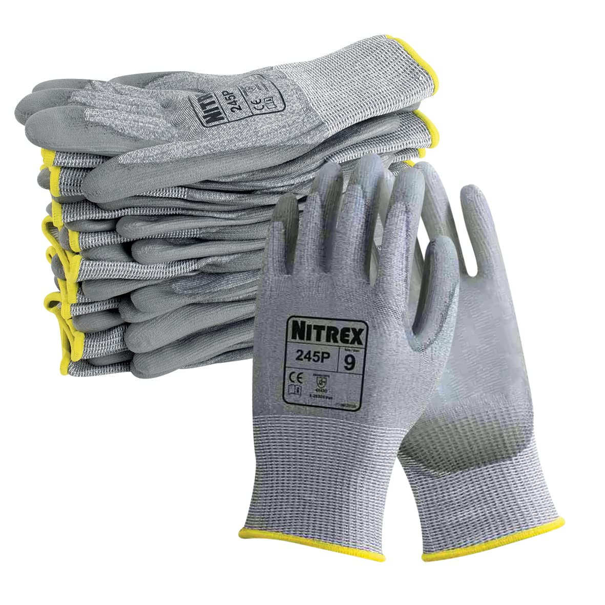 Nitrex 245P Work and Safety Gloves, Bag of 10 Pairs, Size 7 - D Rated Cut Resistant Gloves with PU Palm Coating