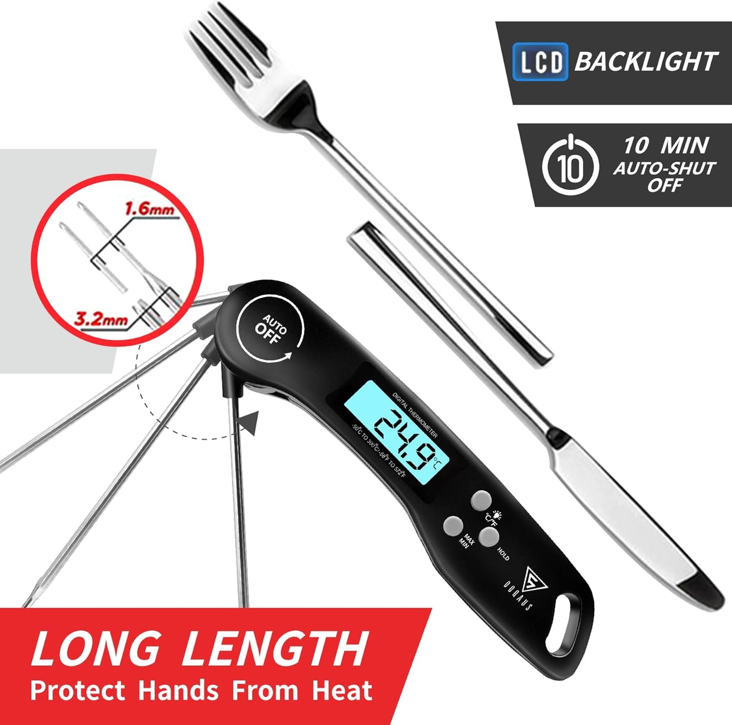 DOQAUS Digital Meat Thermometer, Instant Read Food Thermometer with Backlight LCD Screen, Foldable Long Probe & Auto On/Off, Perfect for Kitchen, BBQ, Water,Meat, Milk, Cooking Food (Black)