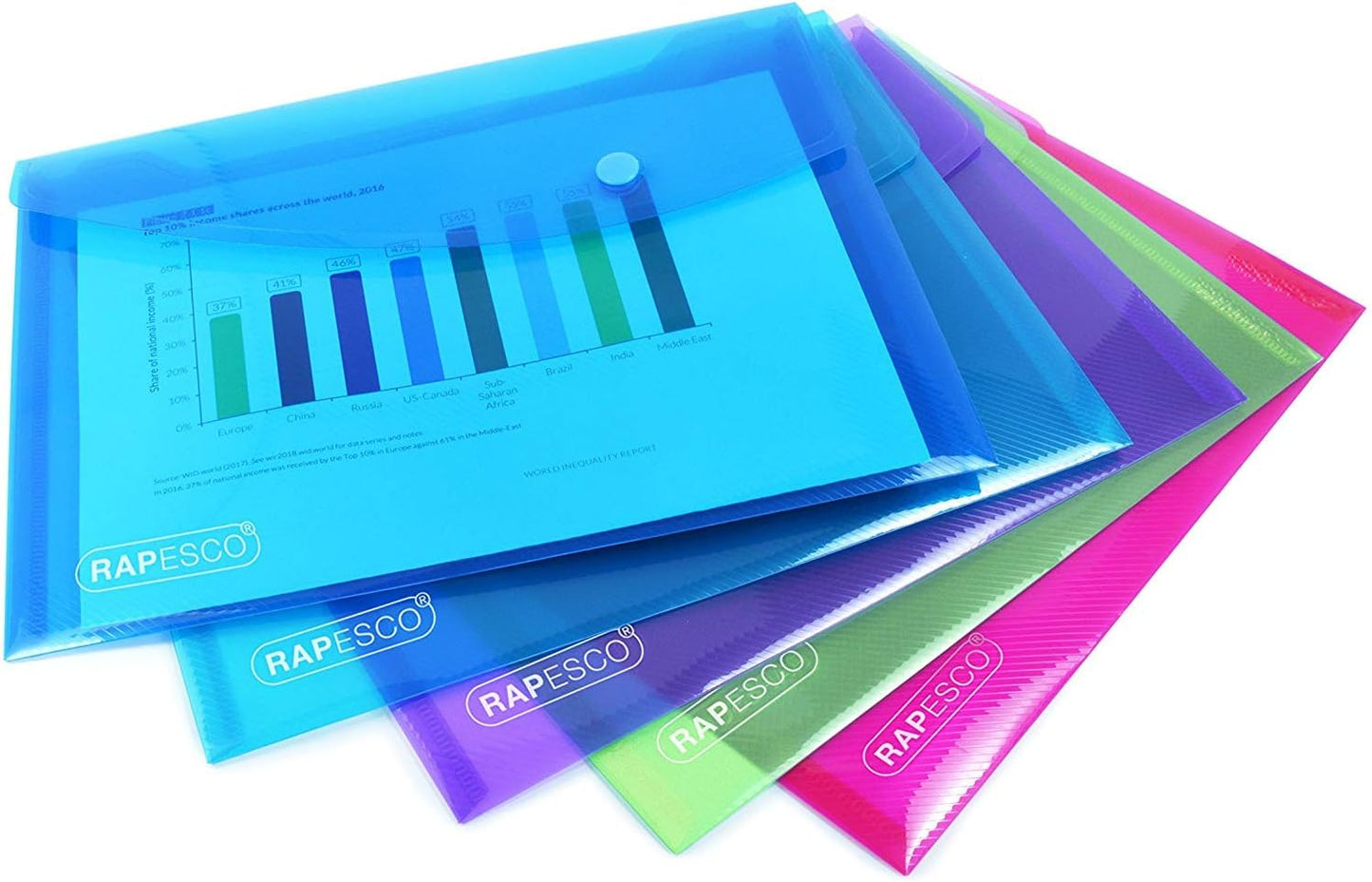 Rapesco 0700 ID Popper Wallet, A4+, Bright Transparent Colours, Pack of 5