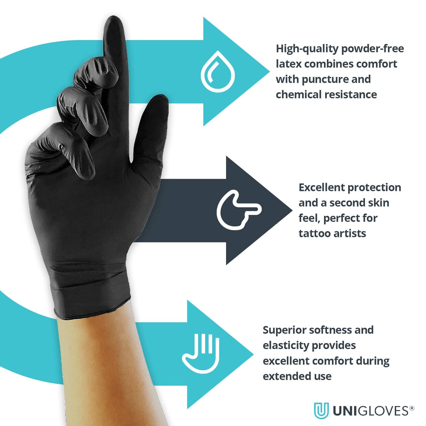 Unigloves Select Black Latex Gloves - Powder Free Disposable Gloves for Beauty, Piercing and Tattoo Artists - Box of 100 Gloves, Black, Extra Small (GT0021)