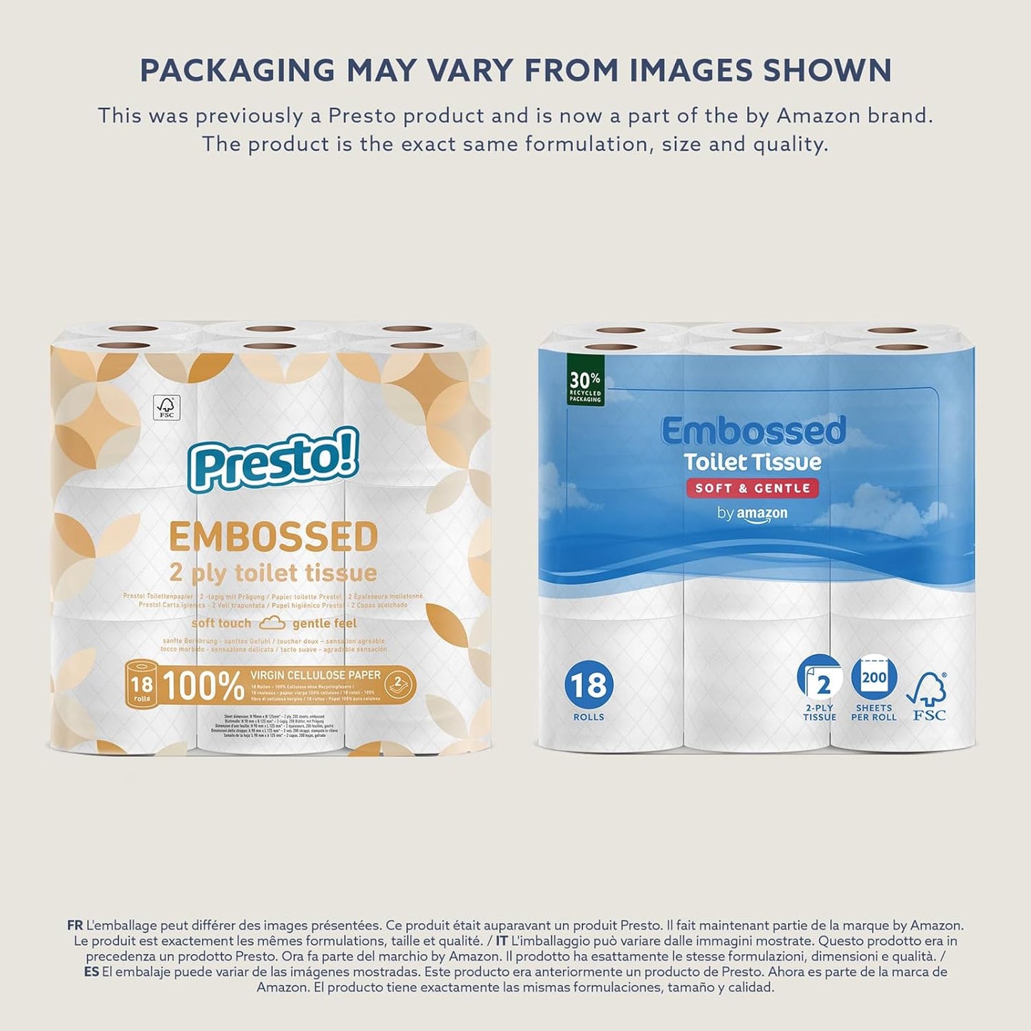 by Amazon Toilet Roll, 2-Ply Embossed, Soft and Gentle, 18 Rolls (Pack of 1), 200 Sheets per Roll, FSC Certified