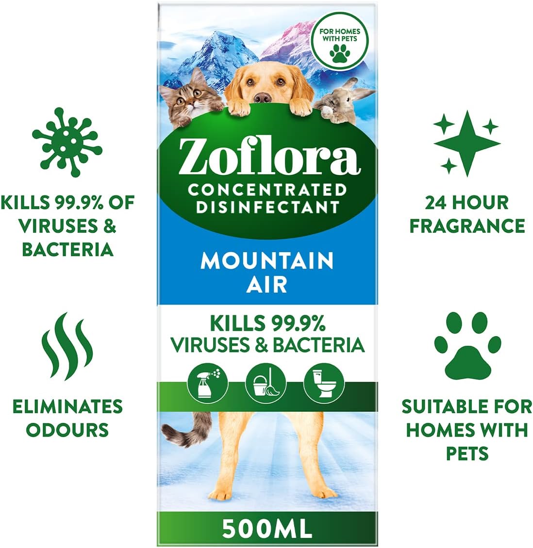Zoflora Mountain Air Concentrated Multipurpose Disinfectant Liquid, Antibacterial & Multi-Surface, Pet Safe Disinfectant, Kills 99.9% Of Bacteria & Viruses, 1 X 500 ml