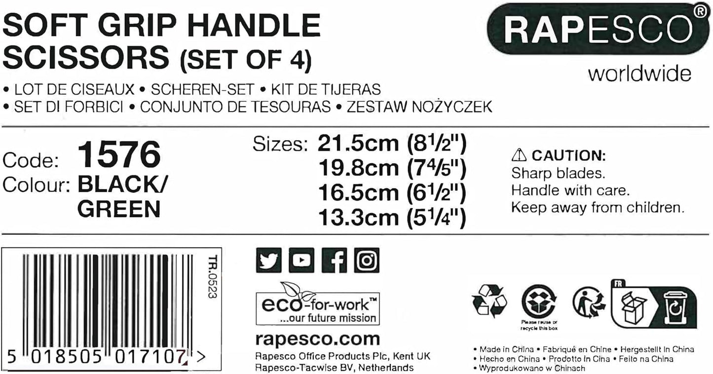 Rapesco 1576 Soft Grip Handle Scissors, Black/Green, Set of 4