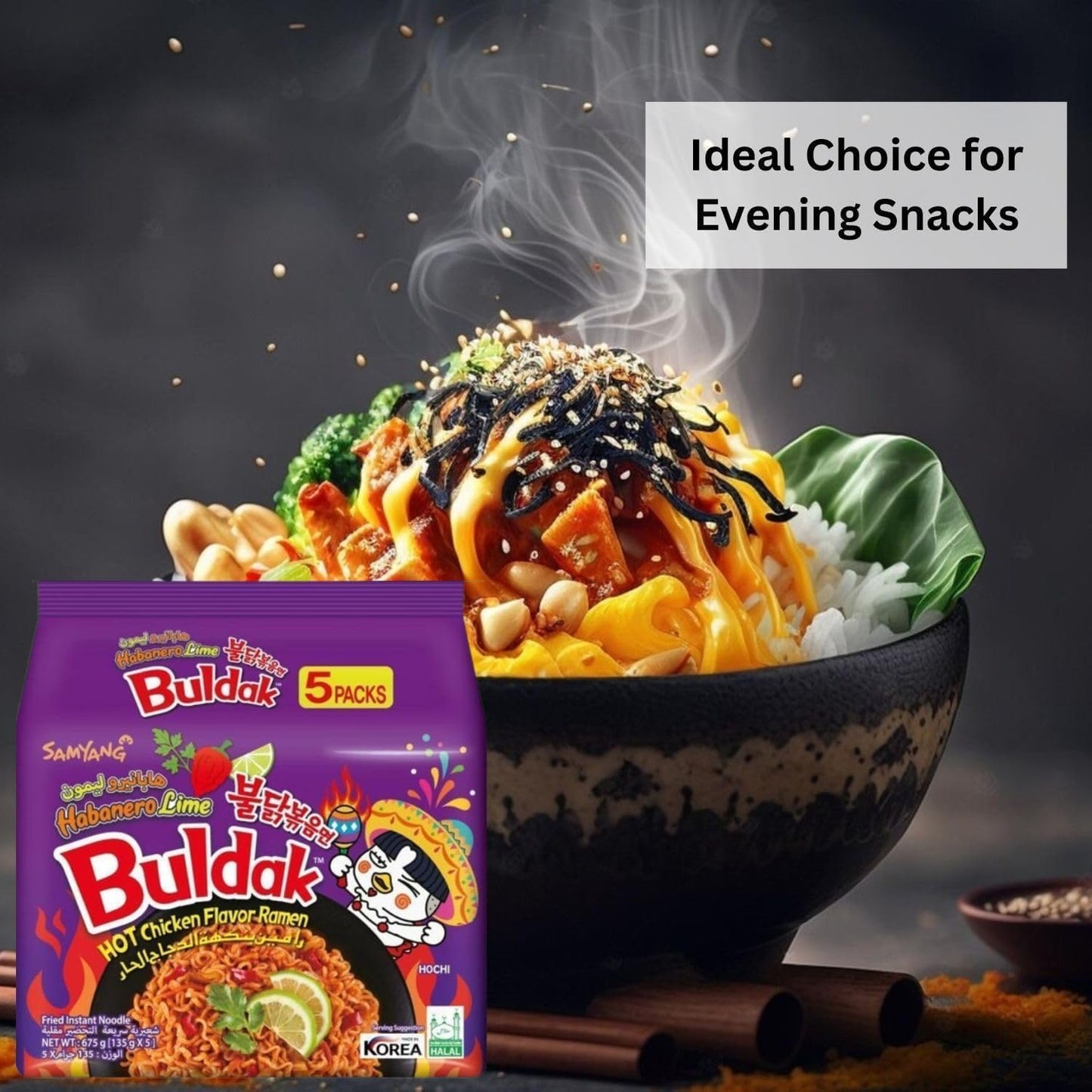 Samyang Chicken Ramen Noodles (140 x 5) Gram - Instant Korean Style Spicy Flavour - Quick & Delicious Instant Chewy Noodles (Pack of 1, Samyang Habanero Lime Noodles)