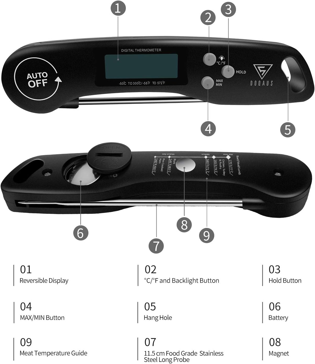 DOQAUS Digital Meat Thermometer, Instant Read Food Thermometer with Backlight LCD Screen, Foldable Long Probe & Auto On/Off, Perfect for Kitchen, BBQ, Water,Meat, Milk, Cooking Food (Black)