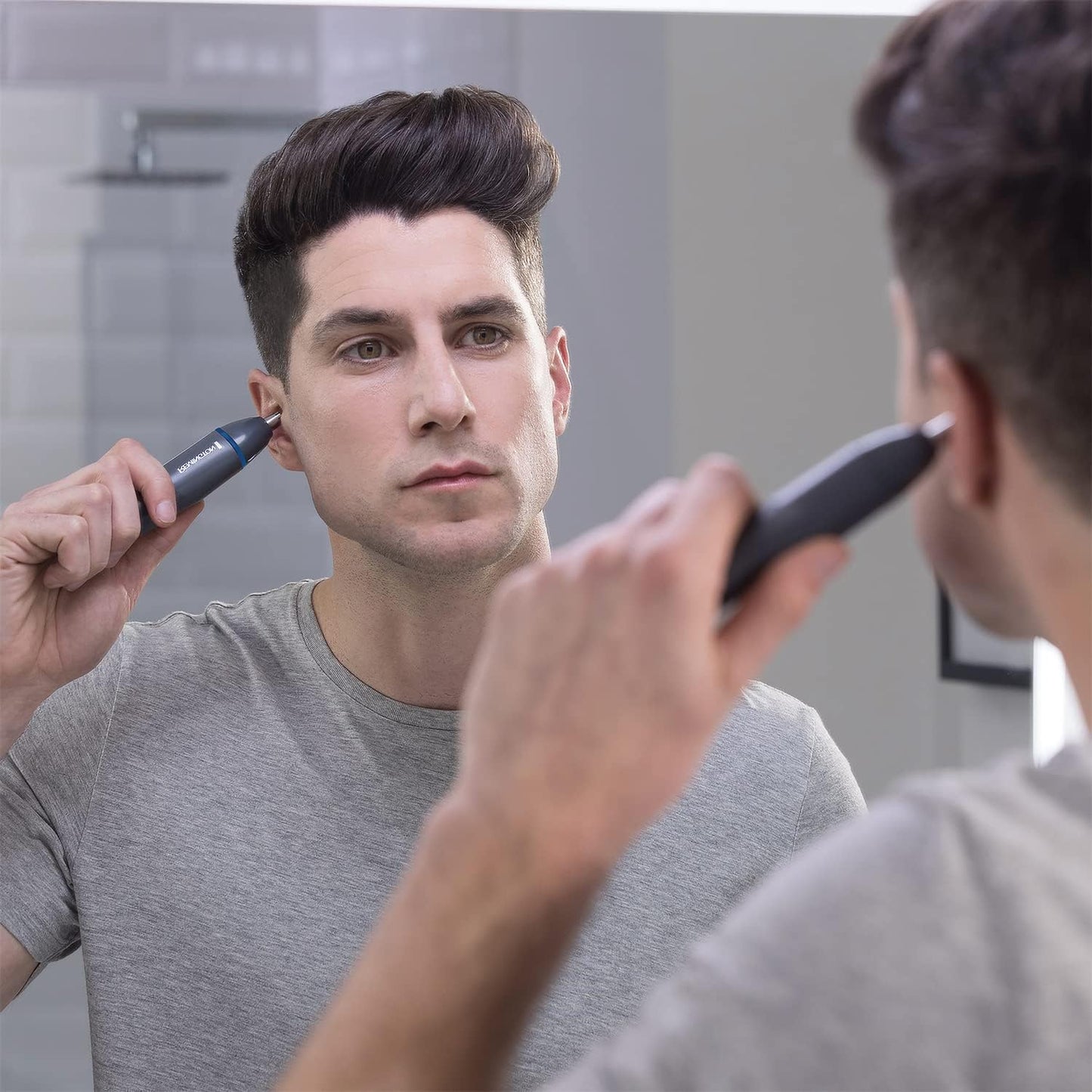 Remington Hair Trimmer for Men, Nose, Ear, & Eyebrow Hair Clipper, Rotary Trimmer, Two Comb Attachments, Waterproof, Battery Operated, Cordless - NE3850