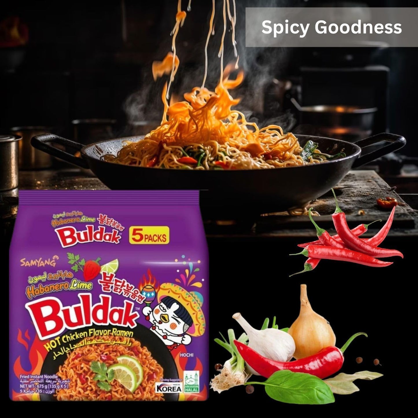 Samyang Chicken Ramen Noodles (140 x 5) Gram - Instant Korean Style Spicy Flavour - Quick & Delicious Instant Chewy Noodles (Pack of 1, Samyang Habanero Lime Noodles)