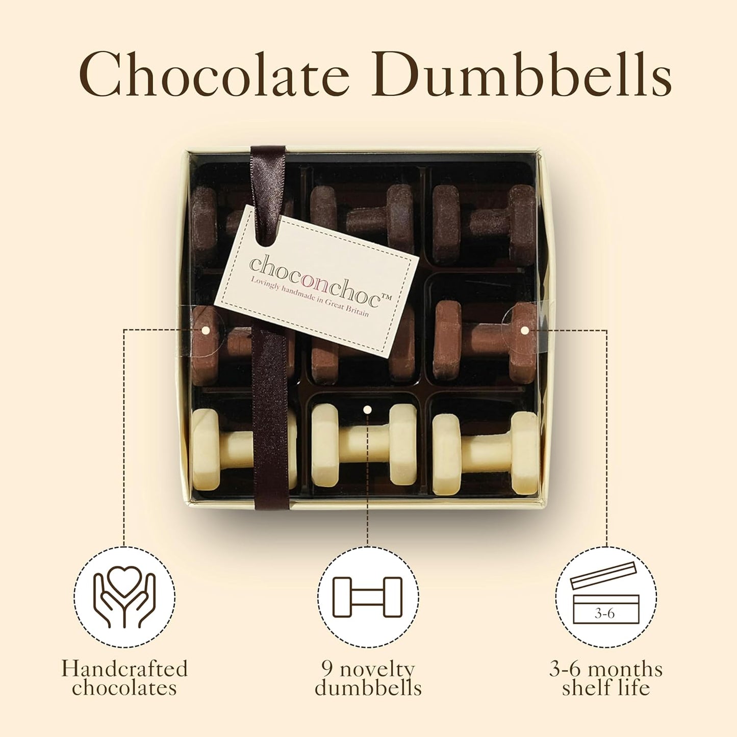 Choc On Choc Chocolate Dumbbells | Handmade Belgian White, Milk, and Dark Chocolate - 70g - Unique Gift Idea for Fitness Enthusiasts & Chocolate Lovers | Premium Quality Ingredients
