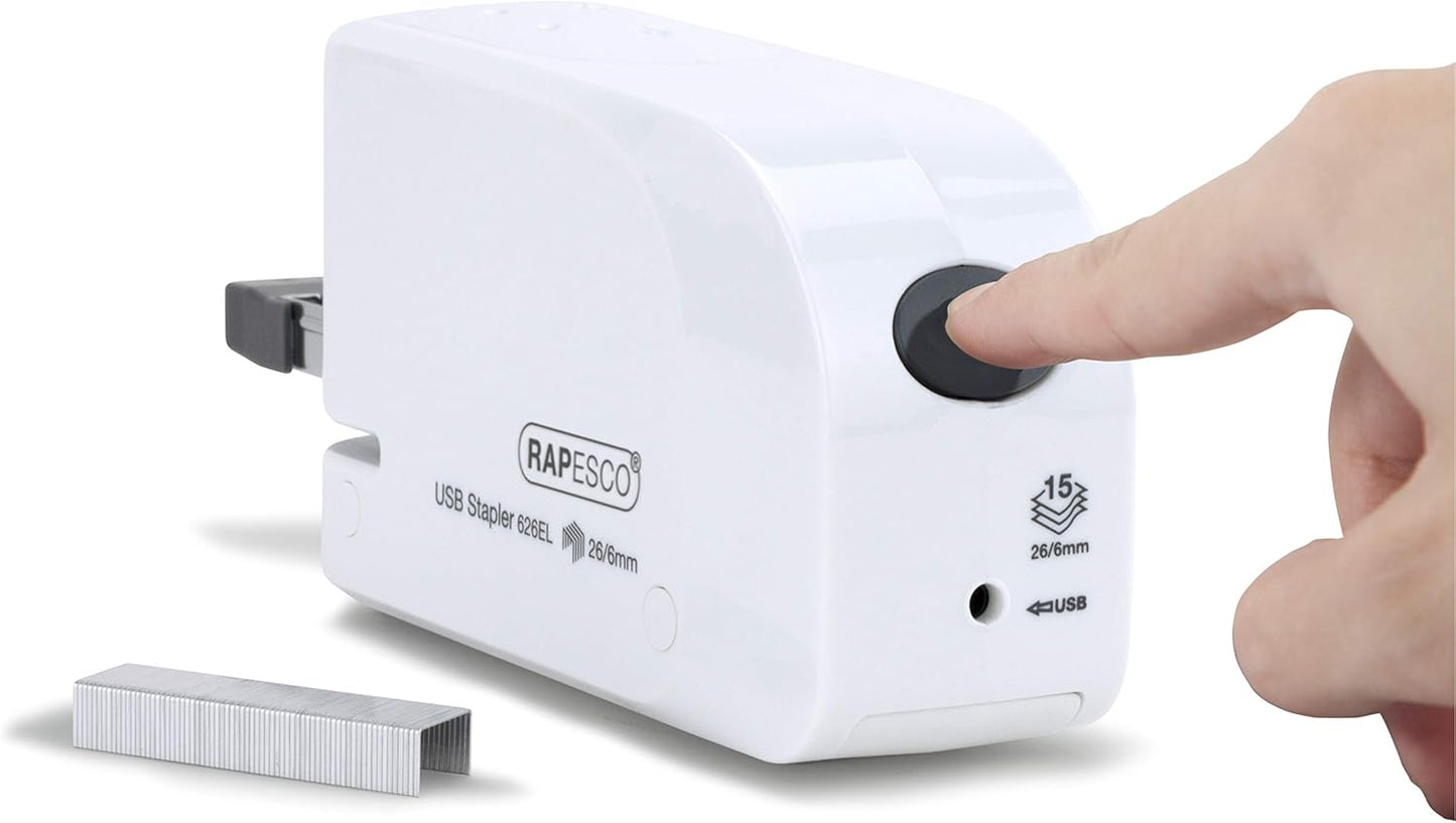 Rapesco 1453 626EL Automatic USB/Battery Stapler with 1000 26/6mm Staples, 15 Sheet Capacity, White