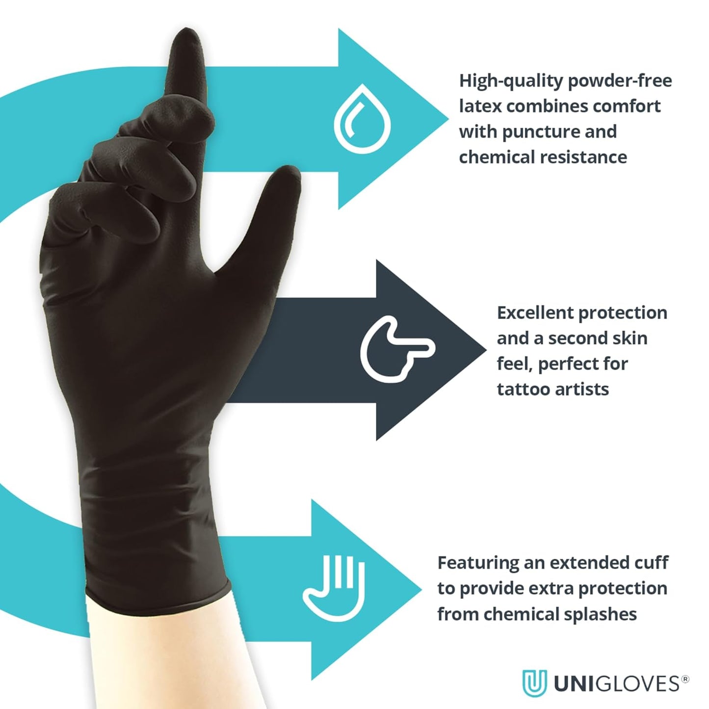 Unigloves Select Black Latex Extended Cuff GT0014 Single Use - Multipurpose, Powder Free Disposable Gloves, Optimised for Tattoo Artists, Box of 100 Gloves, Black, Large Visit the UNIGLOVES Store