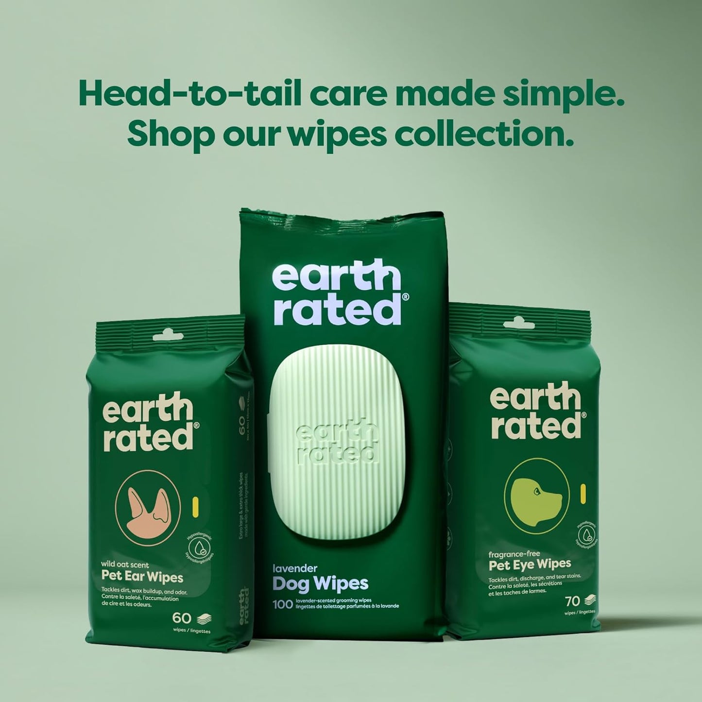 Earth Rated Hypoallergenic Dog Wipes, Cleaning and Odour-Controlling Grooming for Paws, Body, and Butt, Perfect for Puppy and Adult Dogs, Lavender Scent, 100 Count
