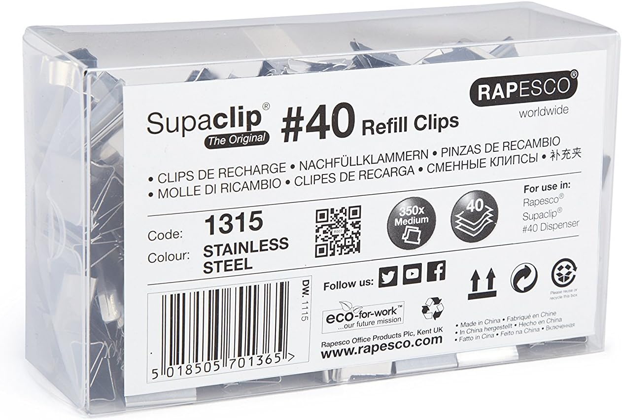 Rapesco 1315 Supaclip 40 Bulk Pack of Stainless Steel Refill Clips, Pack of 350