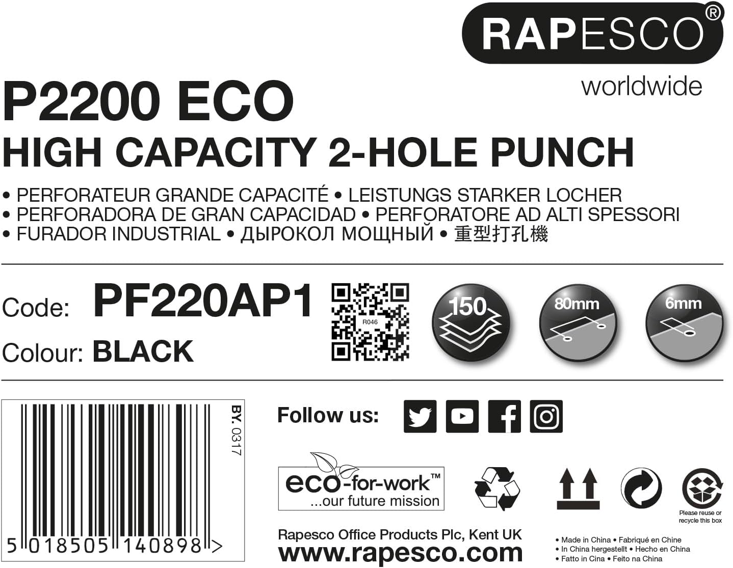Rapesco PF220AP1 ECO P2200 Heavy Duty 2-Hole Punch, 150 Sheet Capacity, Black/Purple
