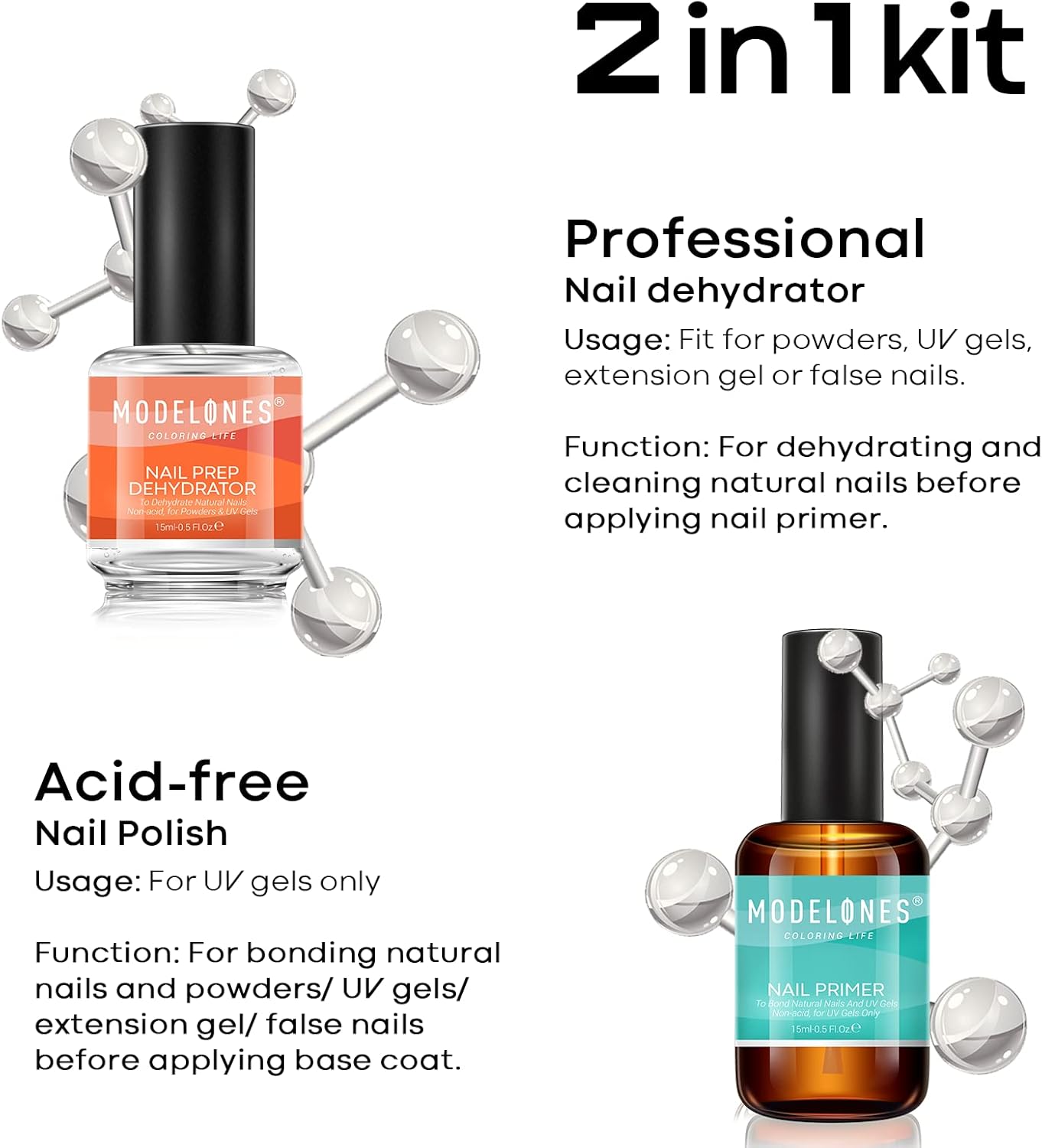 Modelones Professional Gel Nail Polish Primer, 2Pcs 15ml Acid Free Natural Nail Prep Dehydrate, Air Dry Superior Bonding Primer for Acrylic Powder Supplies Set
