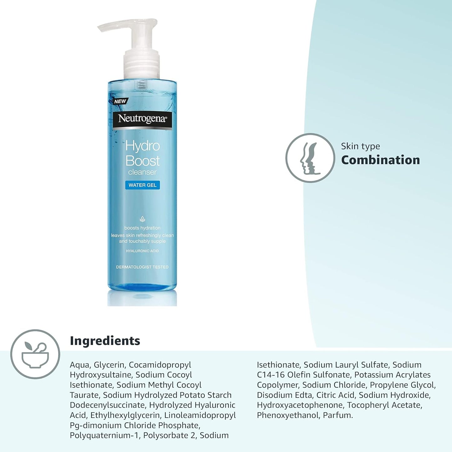 Neutrogena Hydro Boost Water Gel Facial Cleanser, with Hyaluronic Acid for Dry or Dehydrated Skin 200ml