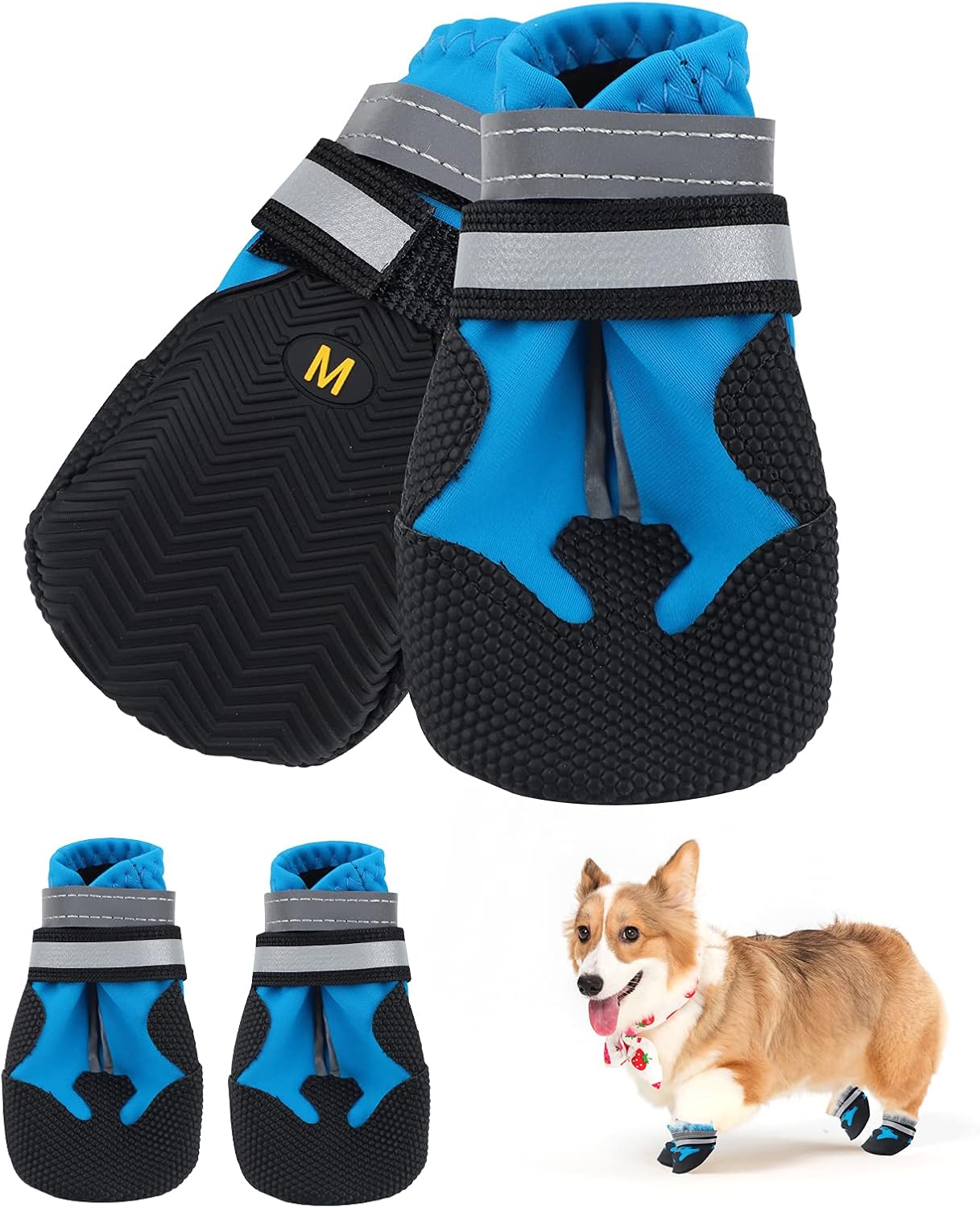 Dog Boots | Set of 4 with Reflective Straps, Anti-Slip Sole Outdoor for Dogs | Blue