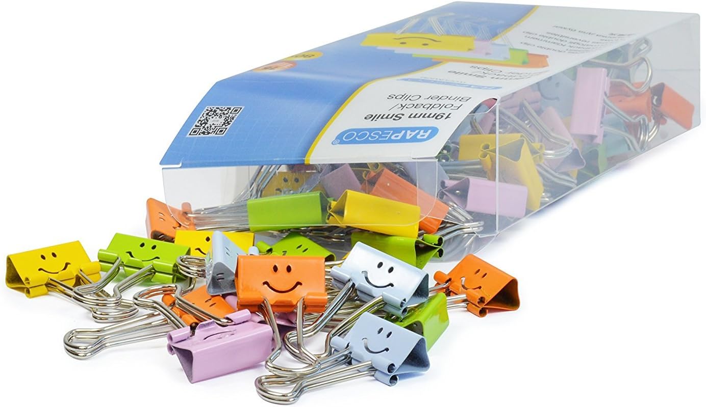 Rapesco 1428 19mm Smile Foldback Clips, Assorted Colours, Pack of 80