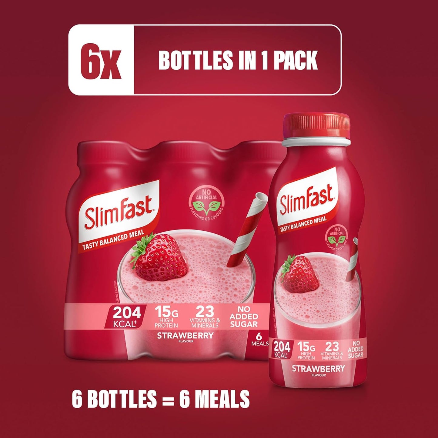 SlimFast Ready To Drink Shake, Meal Replacement Shakes for Weight Loss and Balanced Diet, High Protein, Vitamins, Minerals, No Added Sugar, Strawberry Flavour, 6 x 325 ml, Packaging May Vary