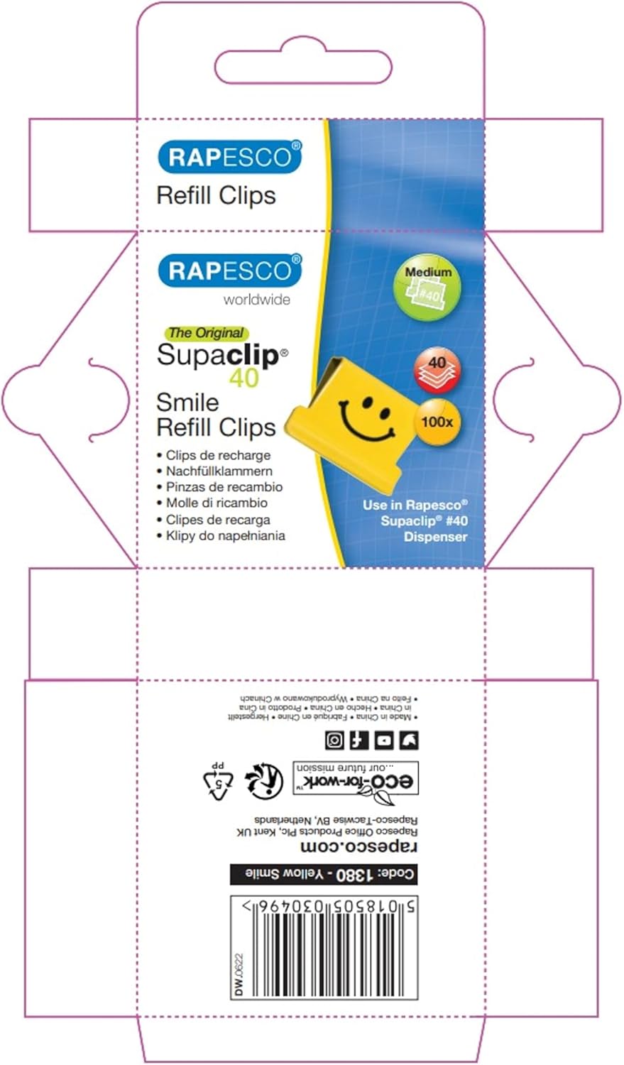 Rapesco 1380 Supaclip 40 Smiles Refill Clips, Bright Yellow, Pack of 100