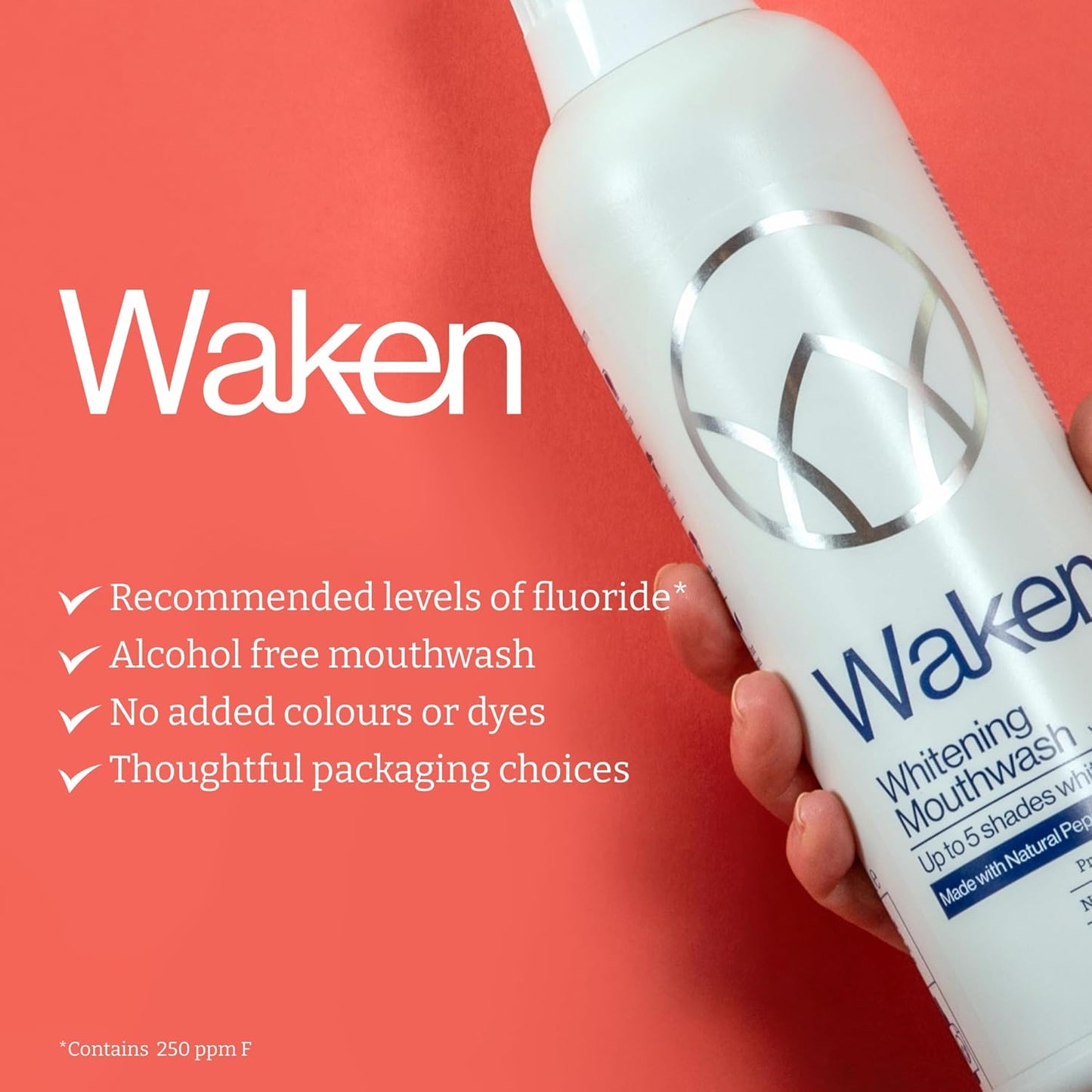 Waken Whitening Mouthwash, with Added Fluoride, Prevents Enamel Stains, Helps Protect Against Cavities and Reduce Plaque, Alcohol-Free, Vegan, Recycled Packaging, Natural Peppermint Flavour, 500ml
