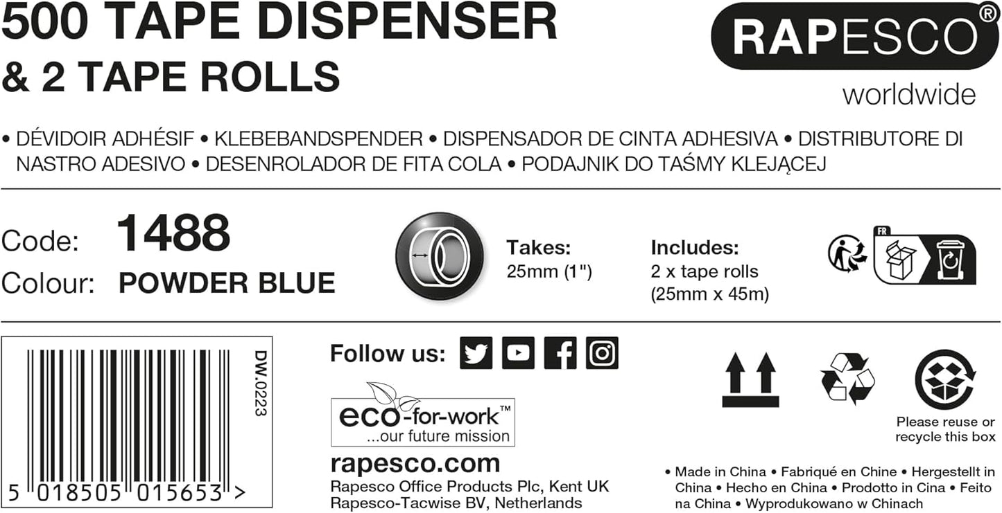 Rapesco 1488 500 Heavy Duty Tape Dispenser with 2 Tape Rolls, Powder Blue