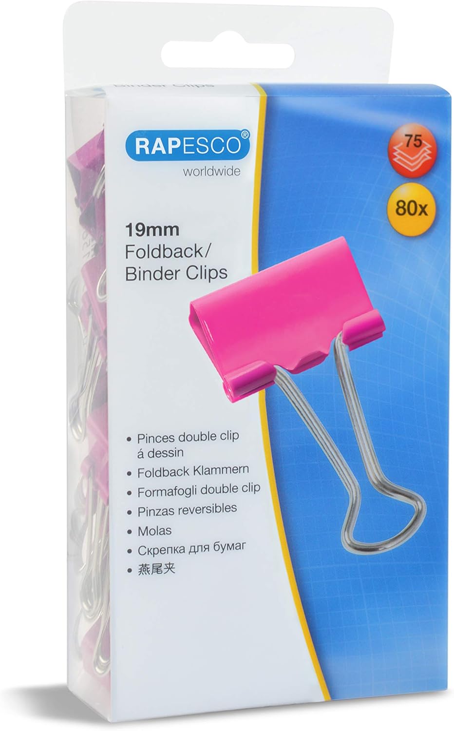 Rapesco 1491 19 mm Foldback Clips, Hot Pink, Pack of 80