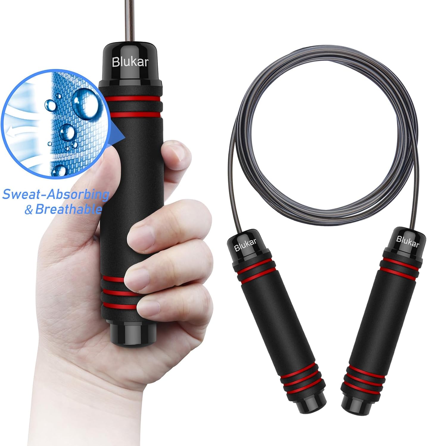 Blukar Skipping Rope, Speed Jump Rope Tangle-free Adjustable Cord with Rapid Ball Bearings & Soft Foam Handle for Fitness Workouts Fat Burning Exercises Boxing - Spare Cord Length Adjuster Included