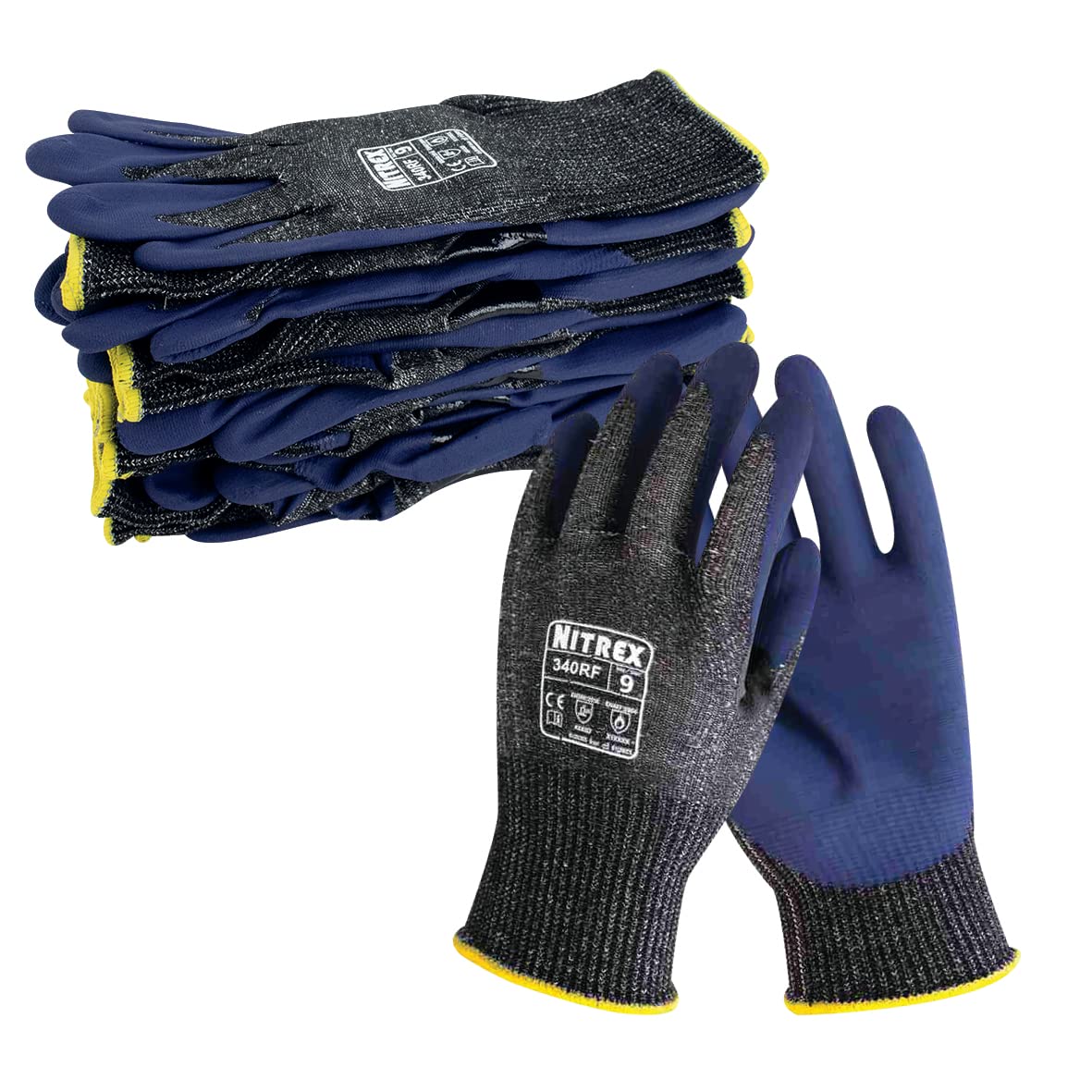 NITREX 340RF Work and Safety Gloves, Bag of 10 Pairs - D Rated Cut Resistant Gloves with Foam Nitrile Palm Coating in Grey/Blue, Size 7