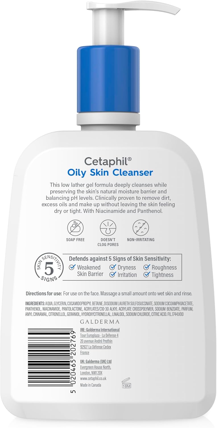 Cetaphil Oily Skin Cleanser, 473ml, Face Wash, For Combination to Oily Sensitive Skin, With Niacinamide