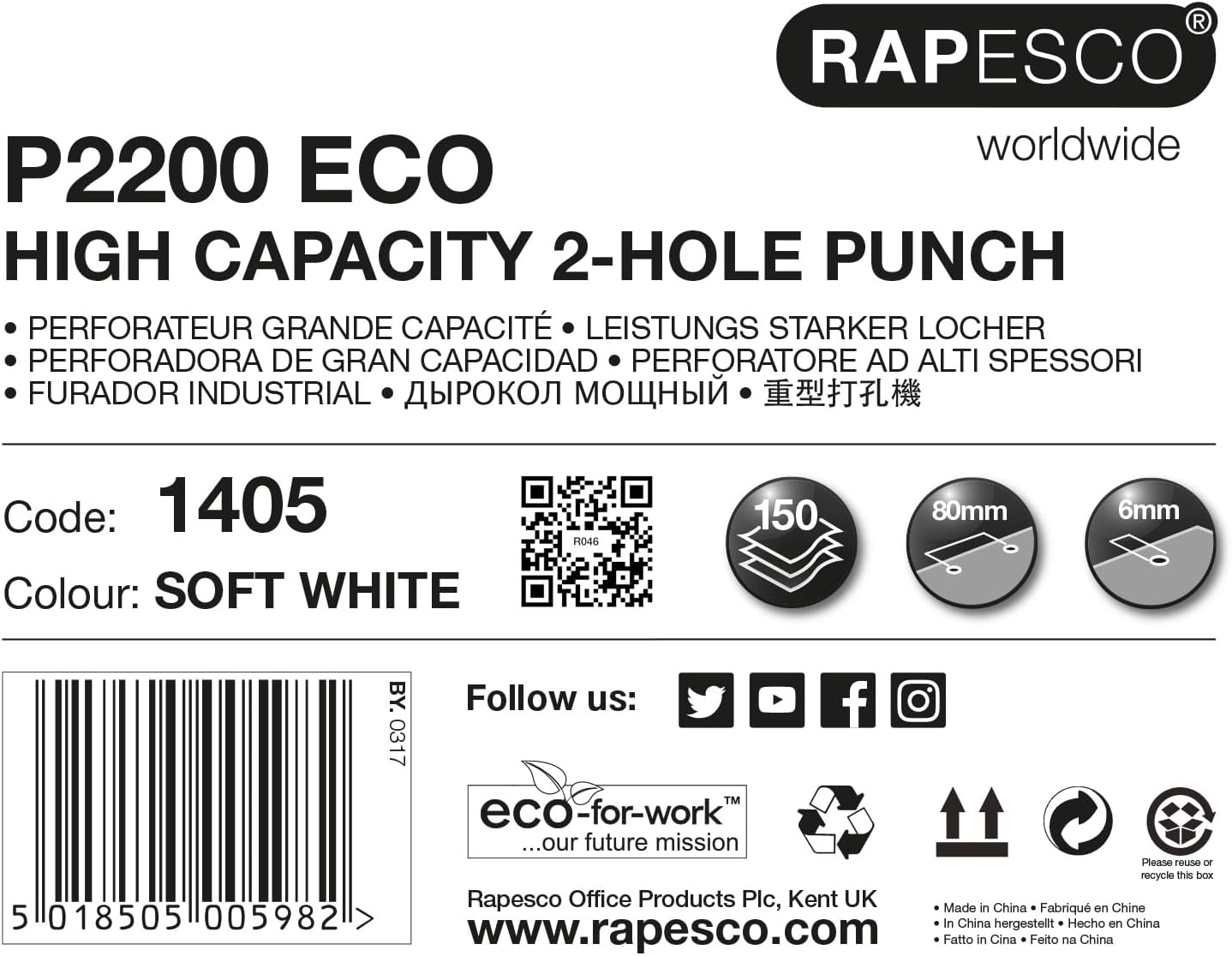 Rapesco 1405 ECO P2200 High Capacity/Heavy Duty Punch, 150 Sheet Capacity, Soft White