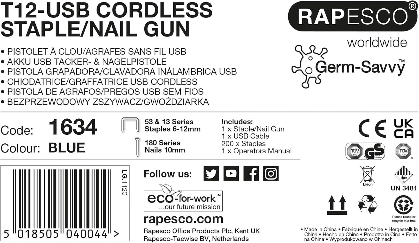Rapesco 1634 Germ-Savvy Antibacterial, T12-USB Cordless Electric Staple Gun with Integrated 4V Lithium-Ion Battery, Blue