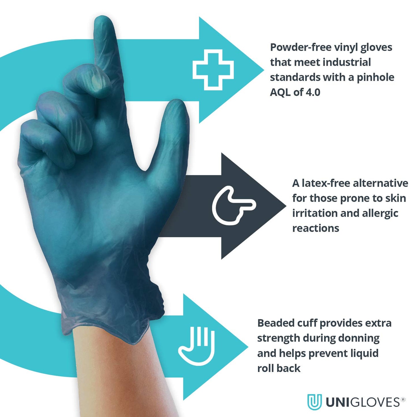 UNIGLOVES GS0083 Examination Gloves, Blue Vinyl-Powder Free, Medium, Set of 100
