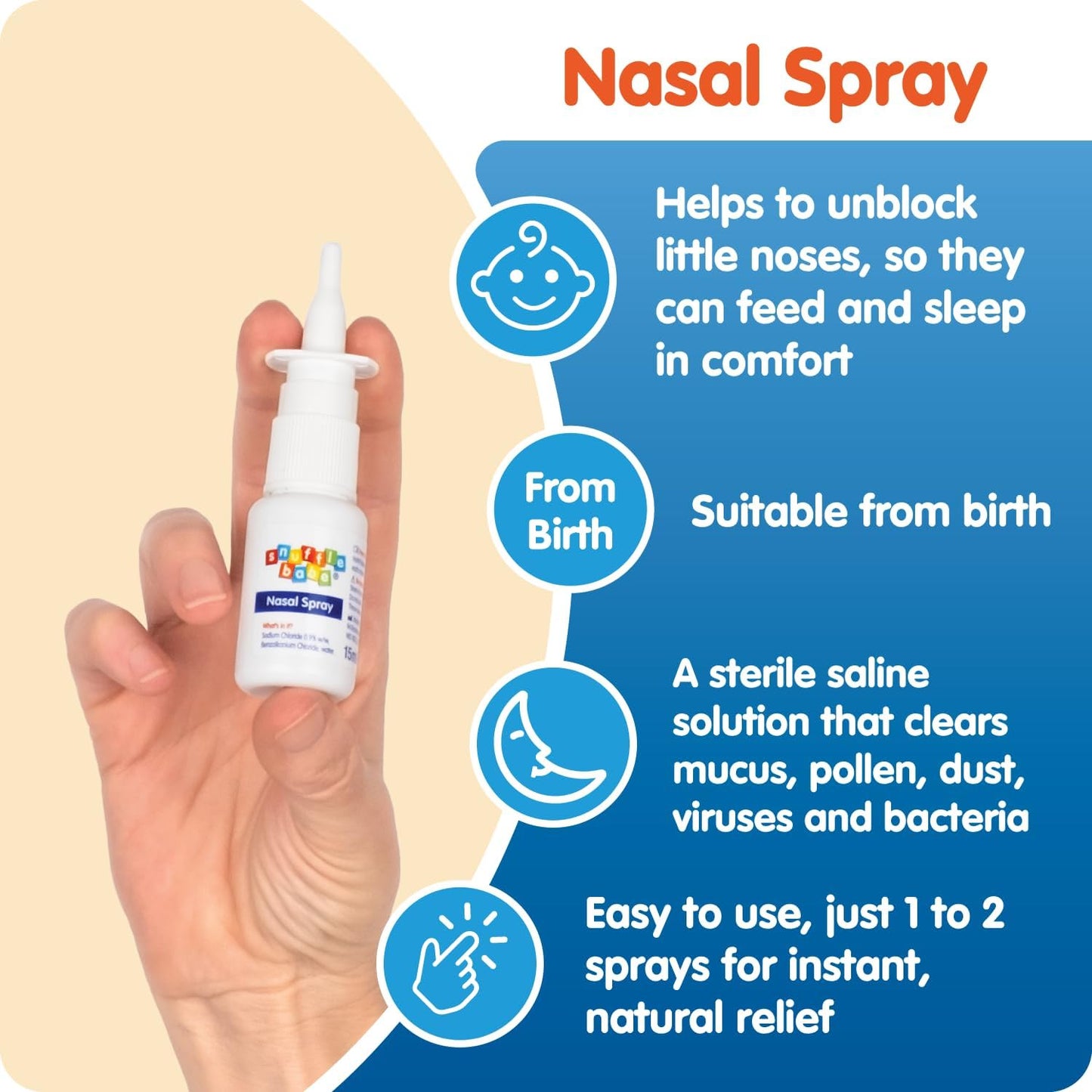 Snufflebabe Nasal Spray Saline Solution - Instant Congestion & Hayfever Relief - Suitable from Birth (15ml)