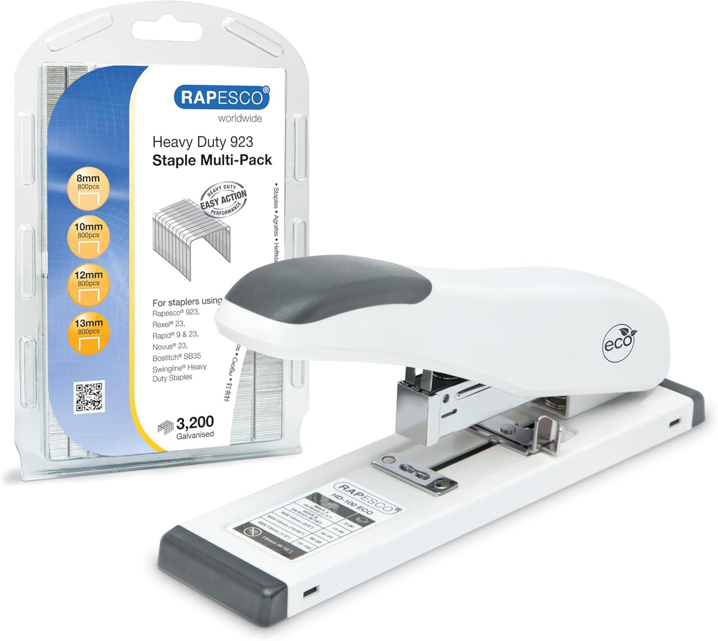 Rapesco 1461 ECO HD-100 Heavy Duty Stapler with 3200 Type 923 Staples, 100 Sheet Capacity, Soft White