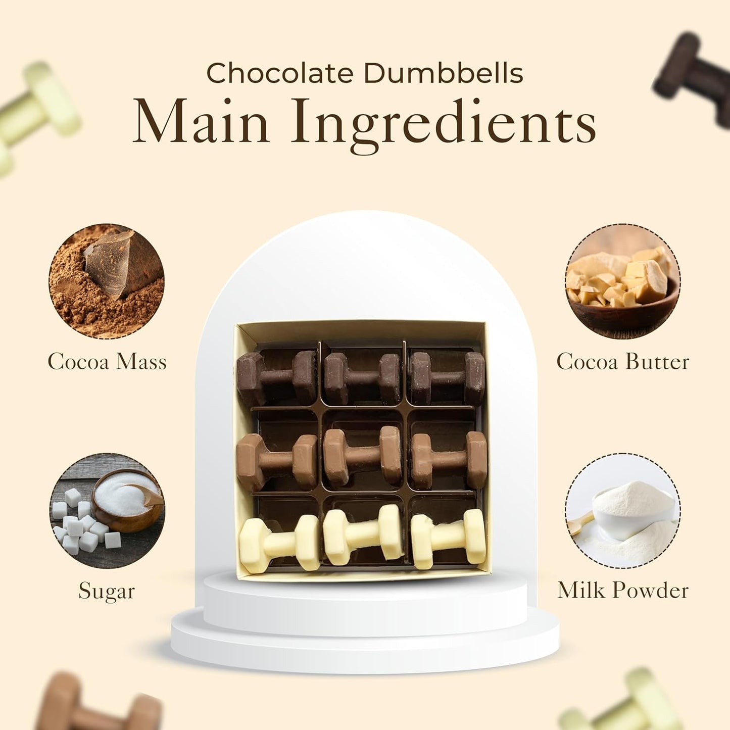 Choc On Choc Chocolate Dumbbells | Handmade Belgian White, Milk, and Dark Chocolate - 70g - Unique Gift Idea for Fitness Enthusiasts & Chocolate Lovers | Premium Quality Ingredients
