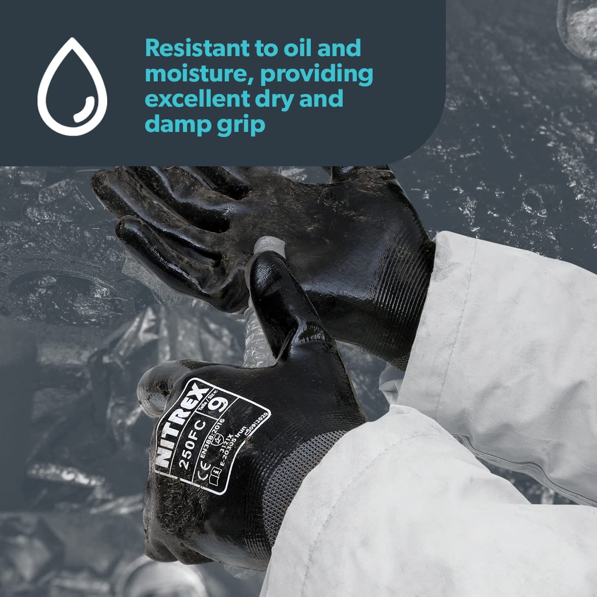 Nitrex 250FC Work Gloves - General Handling Safety Gloves - Resistant to Abrasions, Cuts, Tears, and Punctures - Full Nitrile Coating for Mechanical and Industrial Protection - 10 Pairs - Size 6