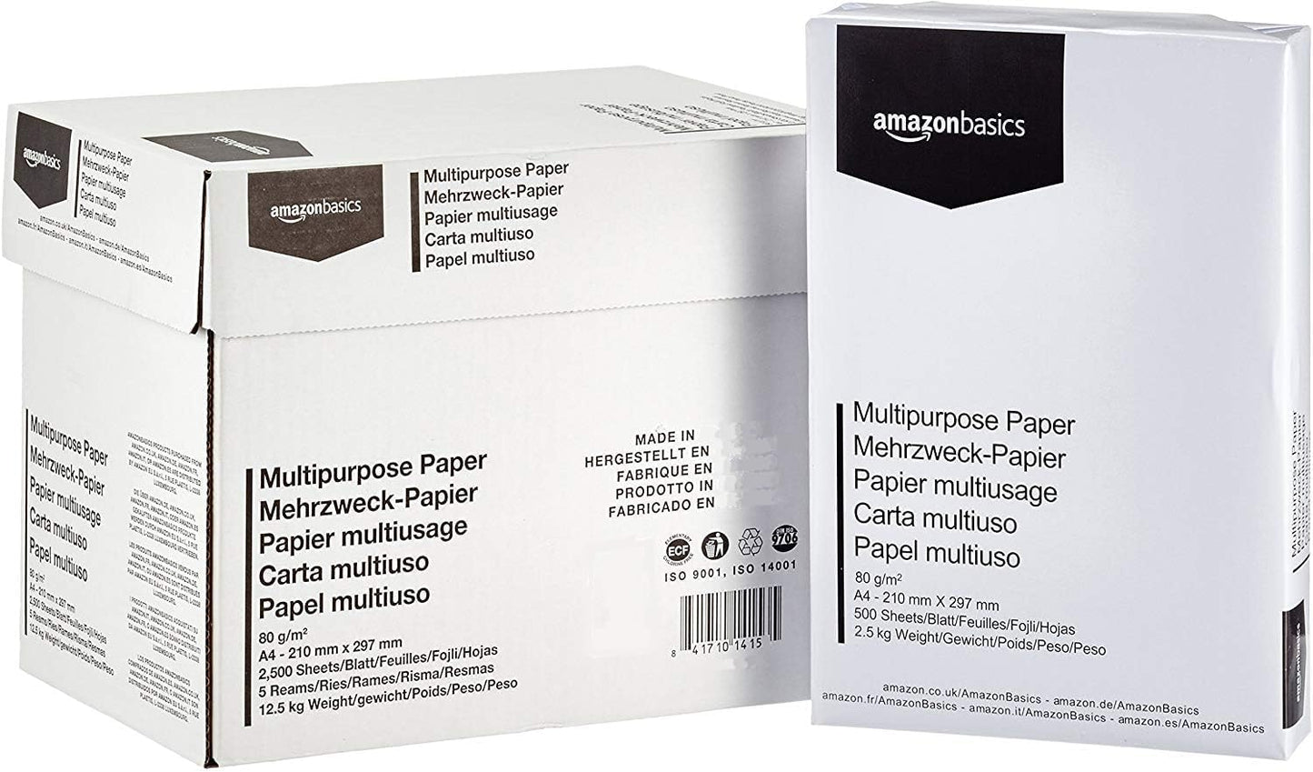 Amazon Basics Multi-Purpose Copy Printer Paper, A4 80 GSM, 2500 Count (Pack of 5), White